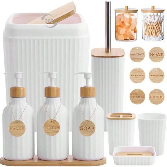 Bathroom Accories Set White Bathroom Set with Trash Can3PCS Lotion Soap Dispenser Toothbrush Holder Soap Dish Tumbler Cup 6pcs Wood Tags White Bath Accories with Tray for Bathroom Decor