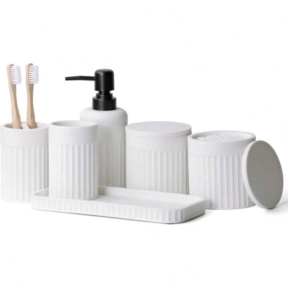 Bathroom Accory Set - 6 Pieces Bathroom Accories Set Complete with Soap Dispenser Toothbrush Holders Tumbler Vanity Tray and 2 Qtip Holder for Home Organizer and Decor White
