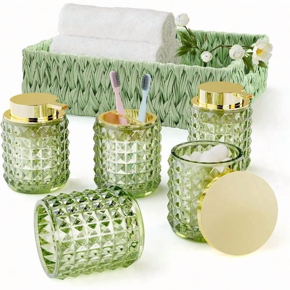 Bathroom Accory Set with Plastic Wicker BasketGlass Bathroom Accories Set Green Bathroom Sets Bathroom Set Diamond Soap Dispenser and Toothbrush Holder Set for Bathroom Decor
