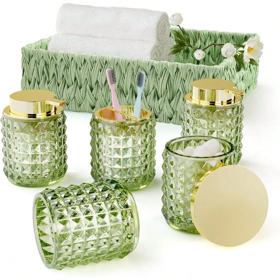 Bathroom Accory Set with Plastic Wicker BasketGlass Bathroom Accories Set Green Bathroom Sets Bathroom Set Diamond Soap Dispenser and Toothbrush Holder Set for Bathroom Decor