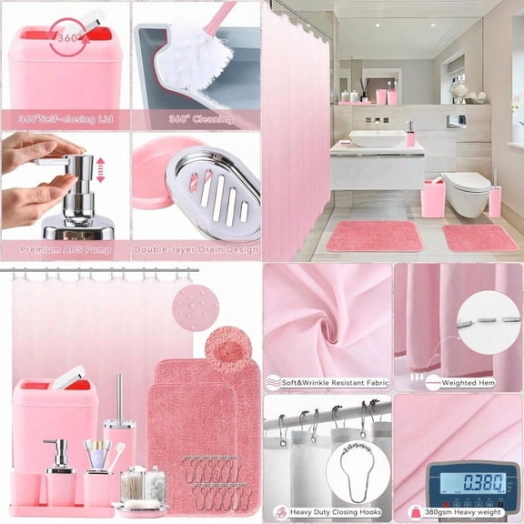 Bathroom Accory SetBathroom Sets with Shower Curtain and Rugs Non Slip Bathroom Rugs er Absorbent Pink Ombre Waterproof Shower Curtain with Hooks Pink Bathroom Sets Complete for Home