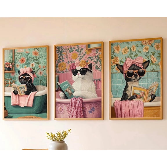 Bathroom Animal Prints Cats And Chihuahua Reading In Shower, Poster Only