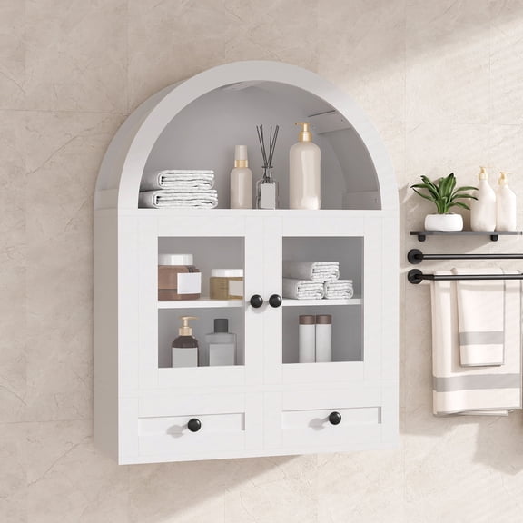 Bathroom Arched Wall Cabinet with 2 Extra Drawers, Modern Wall Storage Cabinet with Glass Doors & Adjustable Shelf, Over The Toilet Storage Cabinet for Bathroom, Kitchen & Living Room (Black)