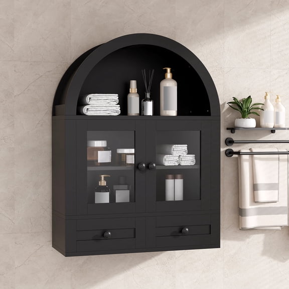 Bathroom Arched Wall Cabinet with 2 Extra Drawers, Modern Wall Storage Cabinet with Glass Doors & Adjustable Shelf, Over The Toilet Storage Cabinet for Bathroom, Kitchen & Living Room (Black)