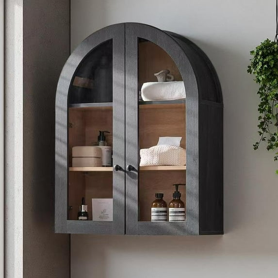 Bathroom Arched Wall Cabinet,23.5'' Wide Medicine Cabinet, Bathroom Cabinet Wall Mount W/Glass Doors & Adjustable Shelves, Over The Toilet Storage Cabinet for Laundry Room, Bedroom,Kitchen,Grey Balck