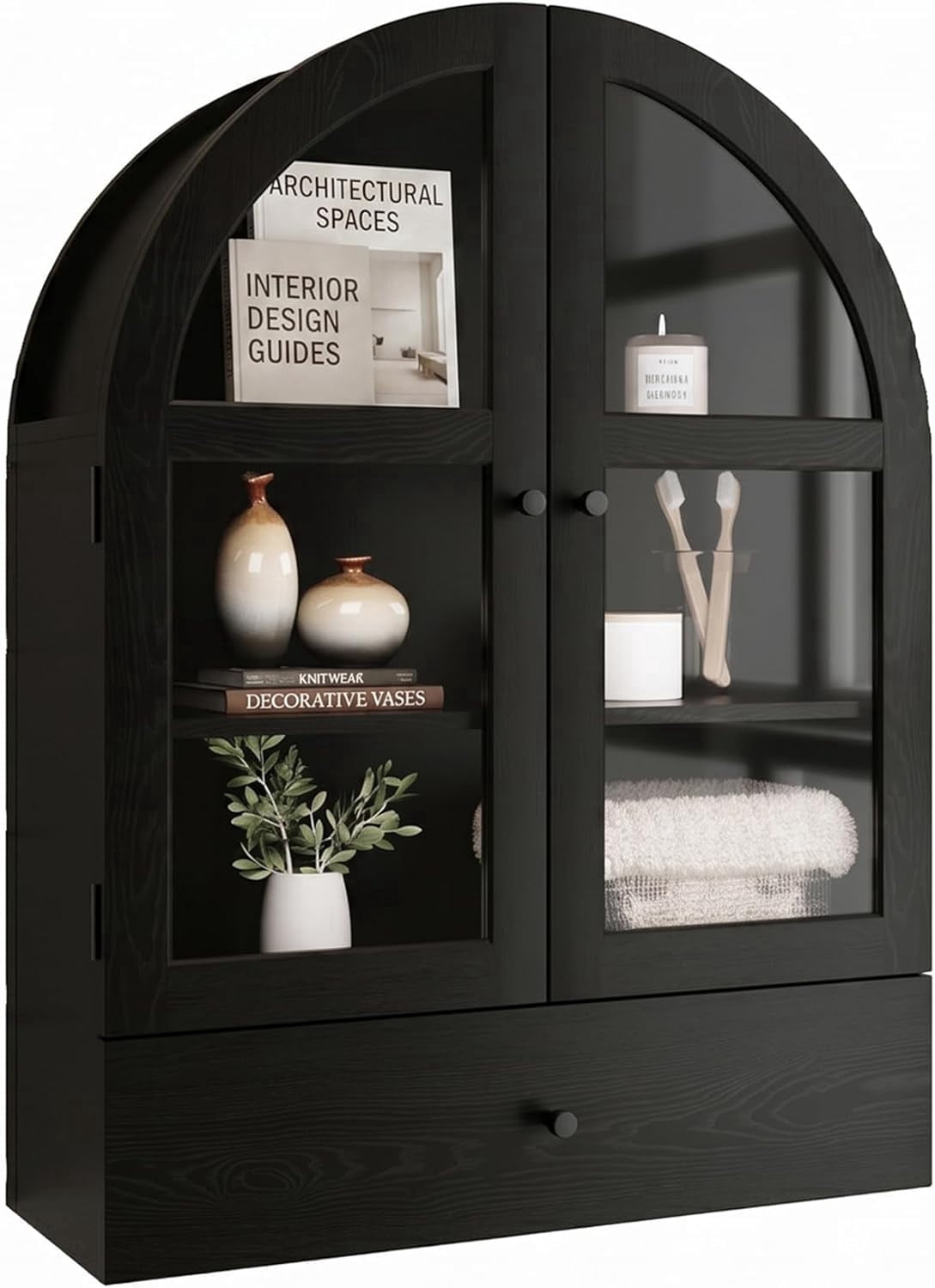 Wall Mounted Arched Medicine Cabinet, Bathroom Storage Cabinet with Glass Doors, Over The Toilet Floating Cabinet for Bedroom Kitchen, Black