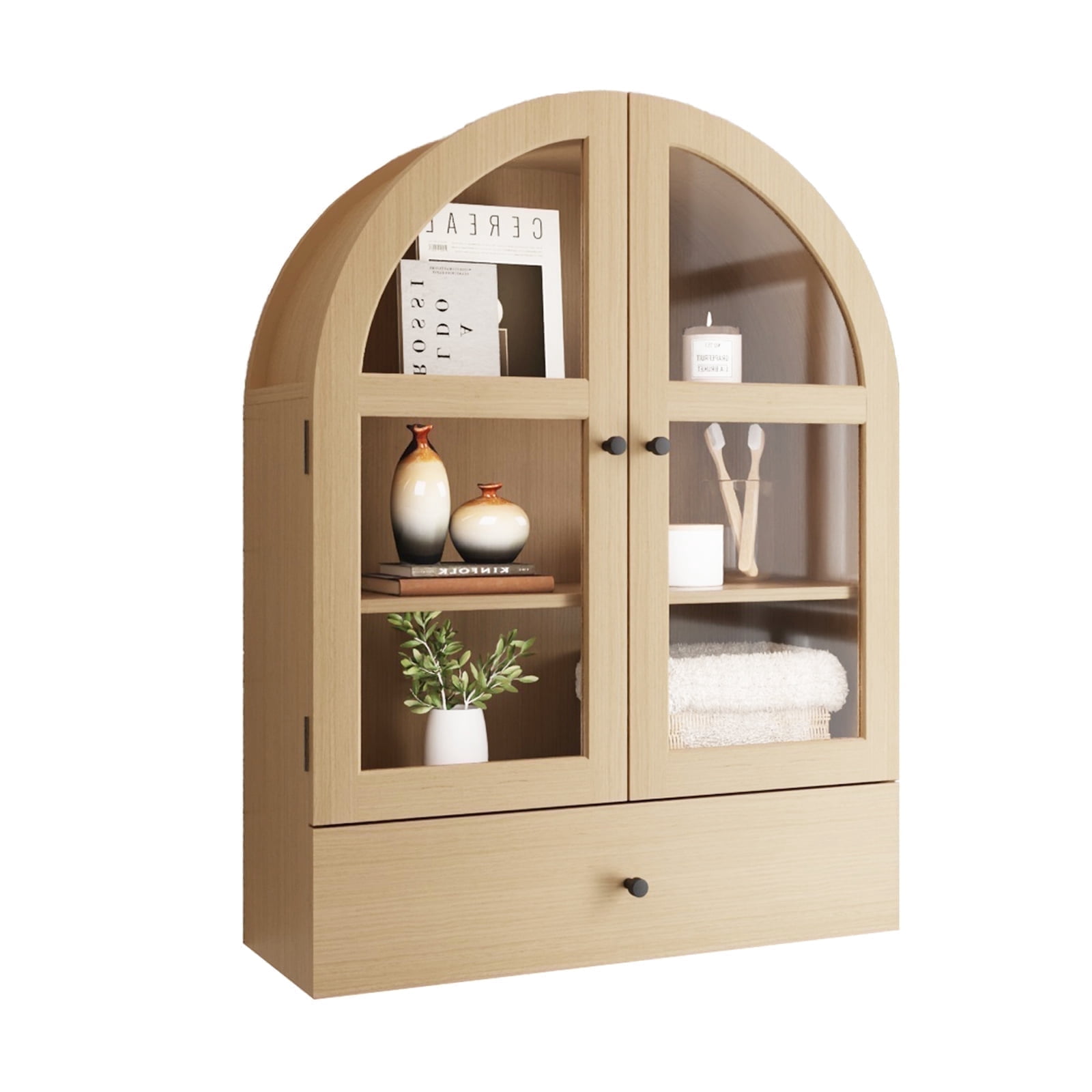 Bathroom Arched Wall Cabinet Over The Toilet Storage Cabinet, Bathroom Cabinet Wall Mount with Glass Doors, Wood Cabinet for Laundry Room, Bedroom Kitchen, Natural