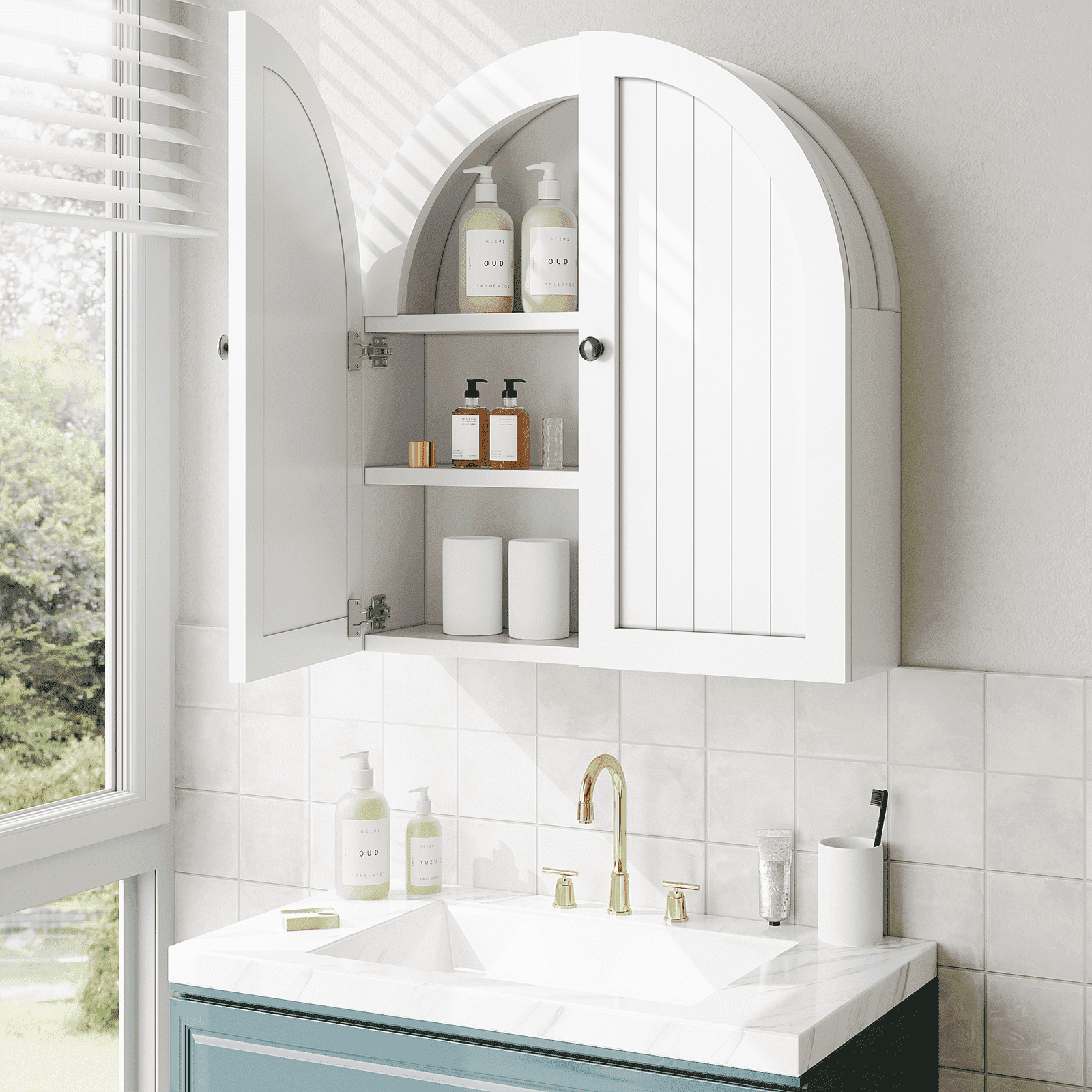 Bathroom Arched Wall Cabinet with Adjustable Shelf，Medicine Wall Mounted Cupboard for Laundry Room Kitchen Living Room, White