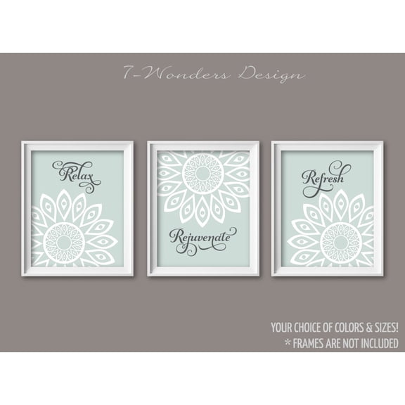 Bathroom Art, Relax Rejuvenate Refresh, Geometric Mandala Flower, Light Seafoam & Grey Bathroom Decor, Poster Only