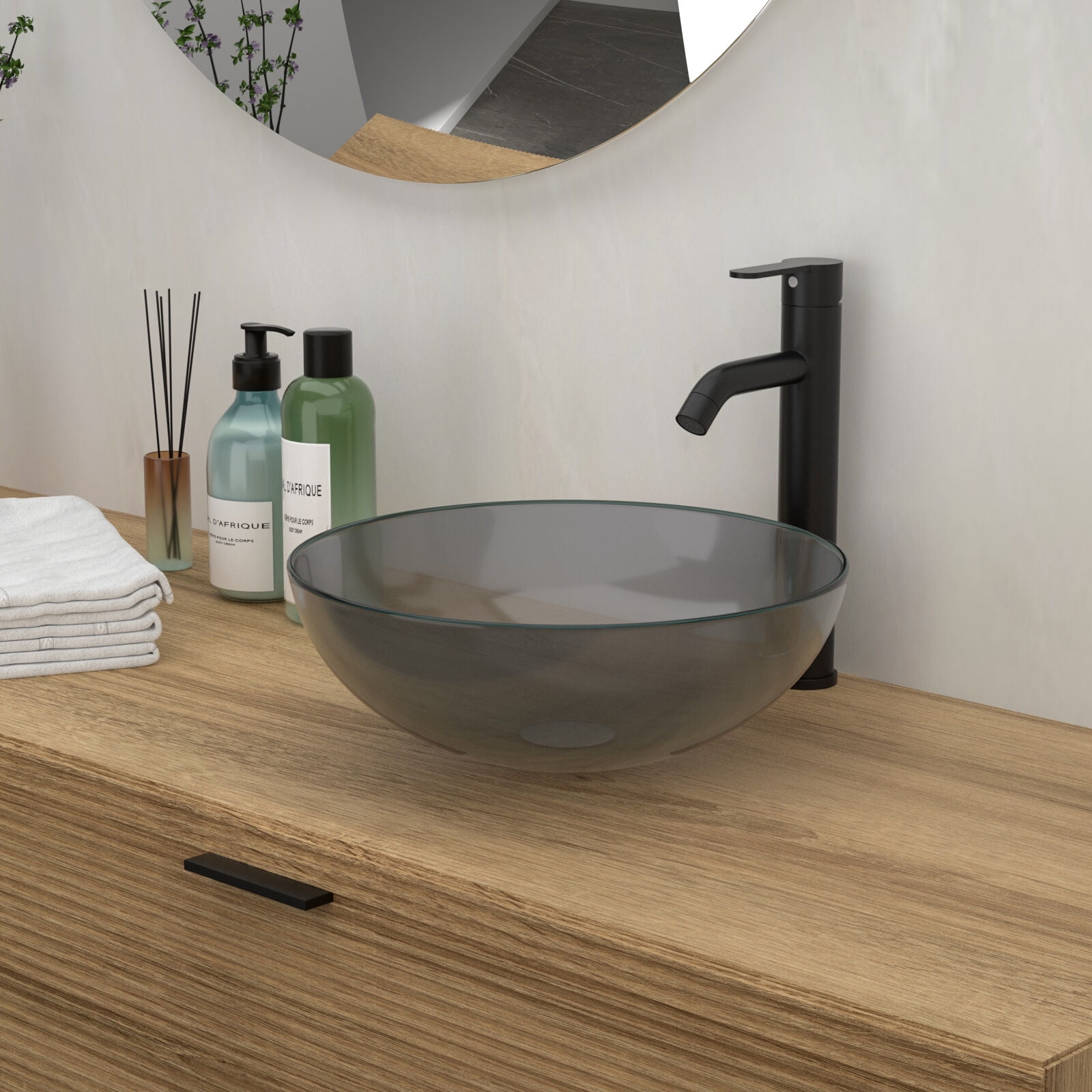 Bathroom Artistic Tempered Glass Vessel Bathroom Sink with Pop-Up Drain,Grey,Grey Tempered Glass Bath Faucets Bathroom Vanities