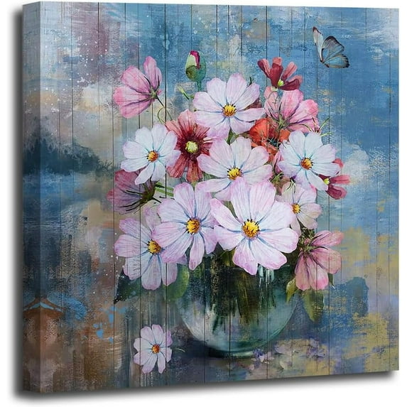 Bathroom Artwork Print Flowers Florals Rustic Canvas Wall Art Butterfly Painting, Farmhouse Abstract Vintage Picture Framed for Nursery Living Room Bedroom Kitchen Office Home Decor 14"x14"