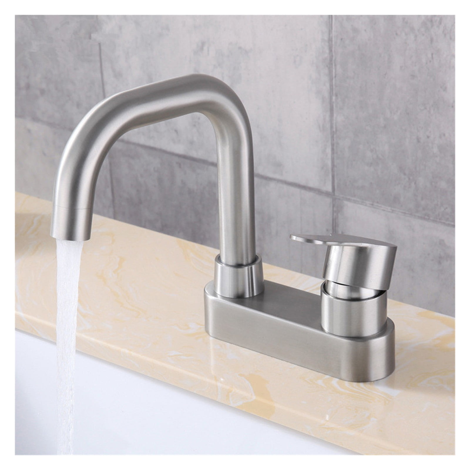 Bathroom Basin Faucet 304 Stainless Steel Sink Mixer Tap, Hot Cold Water 2 Holes Deck Mounted Single Handle Faucet
