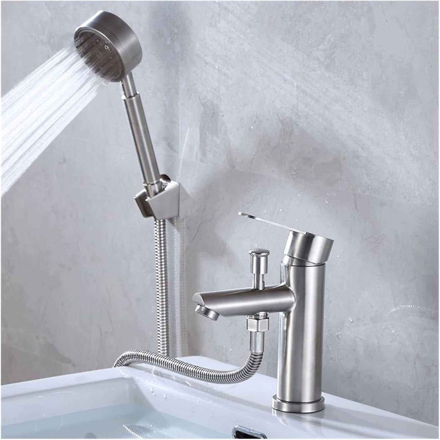 Bathroom Basin Faucet Stainless Steel Single Handle Sink Mixer Tap with Shower Head Cold Hot Water Tap Valve Nozzle Bathtub Tap