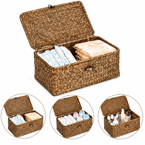 Bathroom Basket, Small Wicker Basket with Lid Rectangle Seagrass Woven Basket with Lid, Decorative Storage Basket for Bathroom Shelf Table Countertop