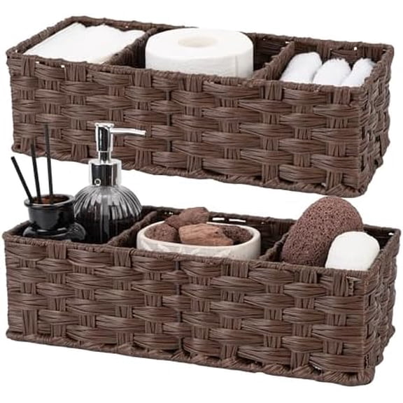 Bathroom Baskets for Organizing, Wicker Baskets for Shelves, Toilet Storage Basket with Dividers, Small Basket for Organizing, Brown, 2-Pack