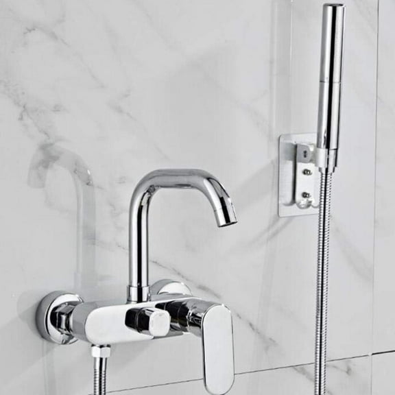 Bathroom Bath Taps Wall Mounted Hot and Cold With Spray Gun 360° Rotation Bathroom Shower Faucet Brass Body Soft Starting Block Sink Tap for Bathroom Chrome Plated-A