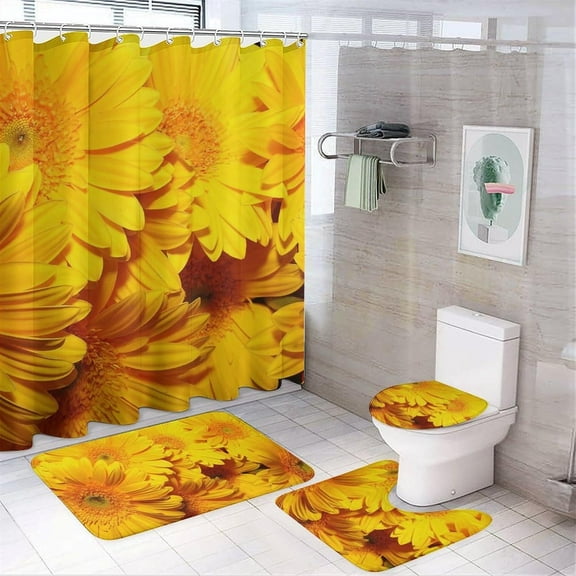 Bathroom Bathroom Shower Curtain set 4 Piece, Pink Flower with 72" X 72" Waterproof Shower Curtain Non-Slip Rug Toilet Lid Cover Bath Mat and 12 Hooks for Bathroom Decor Set