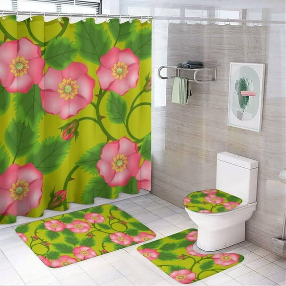 Bathroom Bathroom Shower Curtain set 4 Piece, Pink Flower with 72" X 72" Waterproof Shower Curtain Non-Slip Rug Toilet Lid Cover Bath Mat and 12 Hooks for Bathroom Decor Set