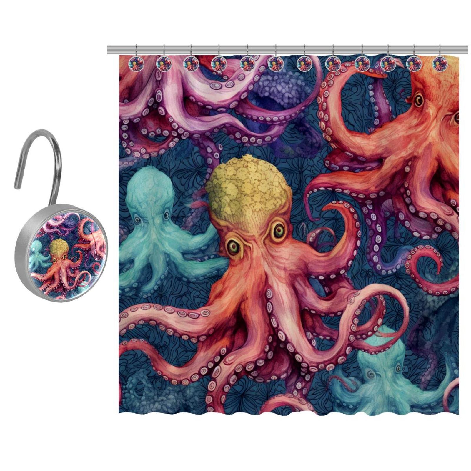 Bathroom Bathtub Shower Curtain, Colorful Ocean Animal Octopus, Modern