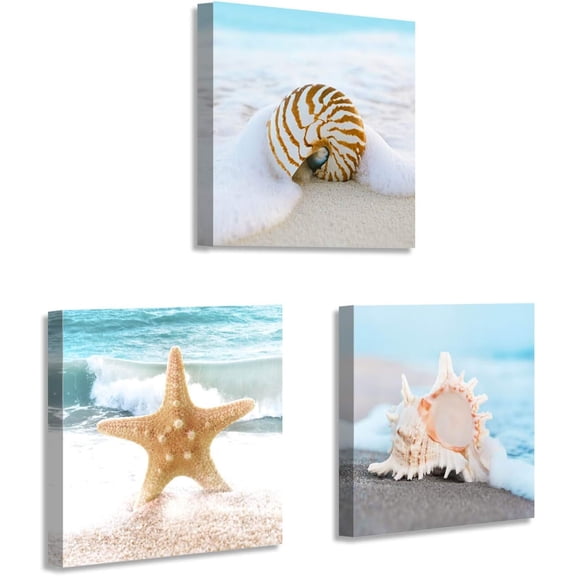 Bathroom Beach Canvas Wall Art: 3 Piece Blue Ocean Picture Sea Shell Print Seaside Starfish Painting Aqua Seascape Artwork Sand Wave Coastal Sealife Wall Art for Bedroom