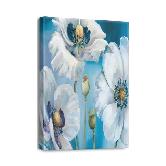 Bathroom & Bedroom Elegance Vintage Gray Abstract Flower Canvas Art, Navy Blue Floral Wall Decor, 12x16 inches