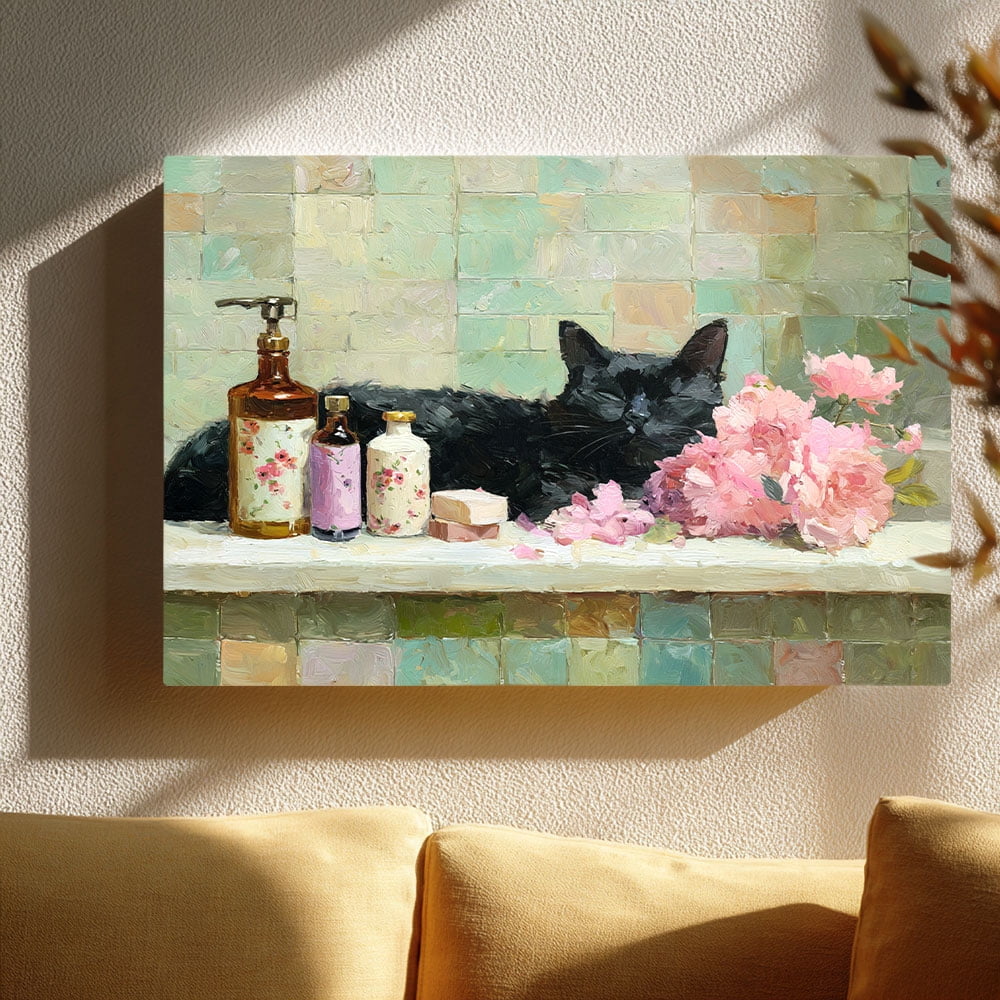 Bathroom Black Cat & Floral Canvas Wall Art (Cozy Cottage Tone) Ready ...