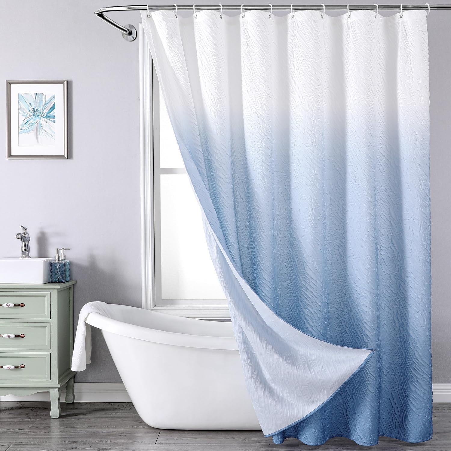 Bathroom Blue Shower Curtain Set Ombre with 12 Hooks, Modern Shower