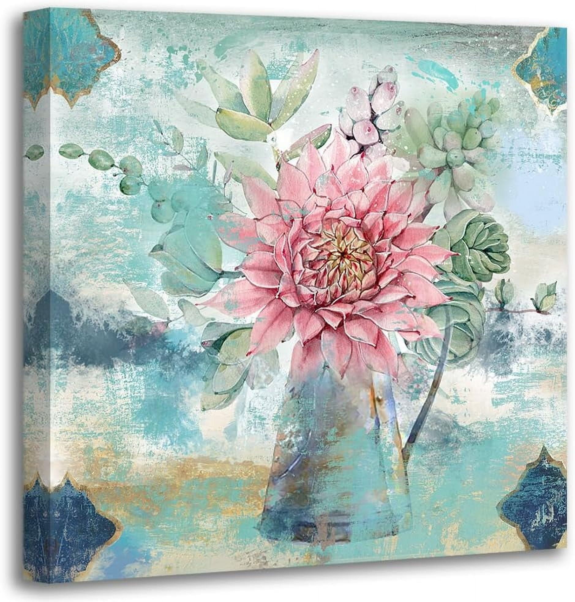 Bathroom Botanical Cactus Plants Painting Abstract Succulents Flower Canvas Wall Art Pink Floral Rustic Print Picture Artwork Framed for Bedroom Living Room Nursery Office Home Decor 14"x14"