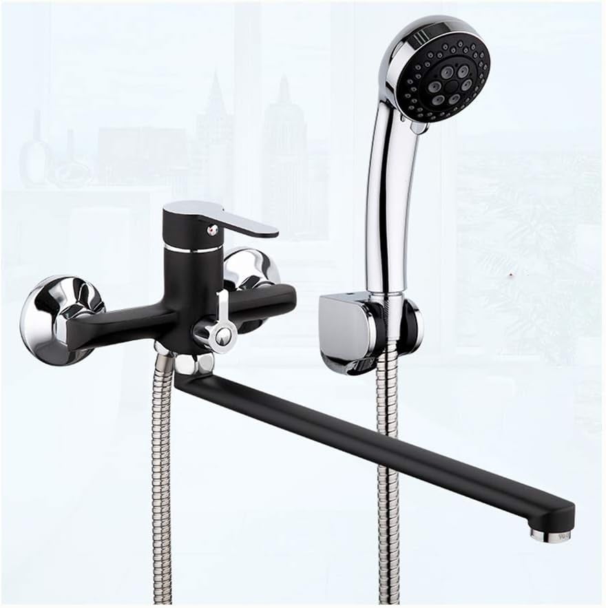 Bathroom Brass Bathtub Faucet Black Chrome Bath Shower Mixer Tap with ABS Handheld Shower Head and Stainless Steel Swivel Bathtub Spout
