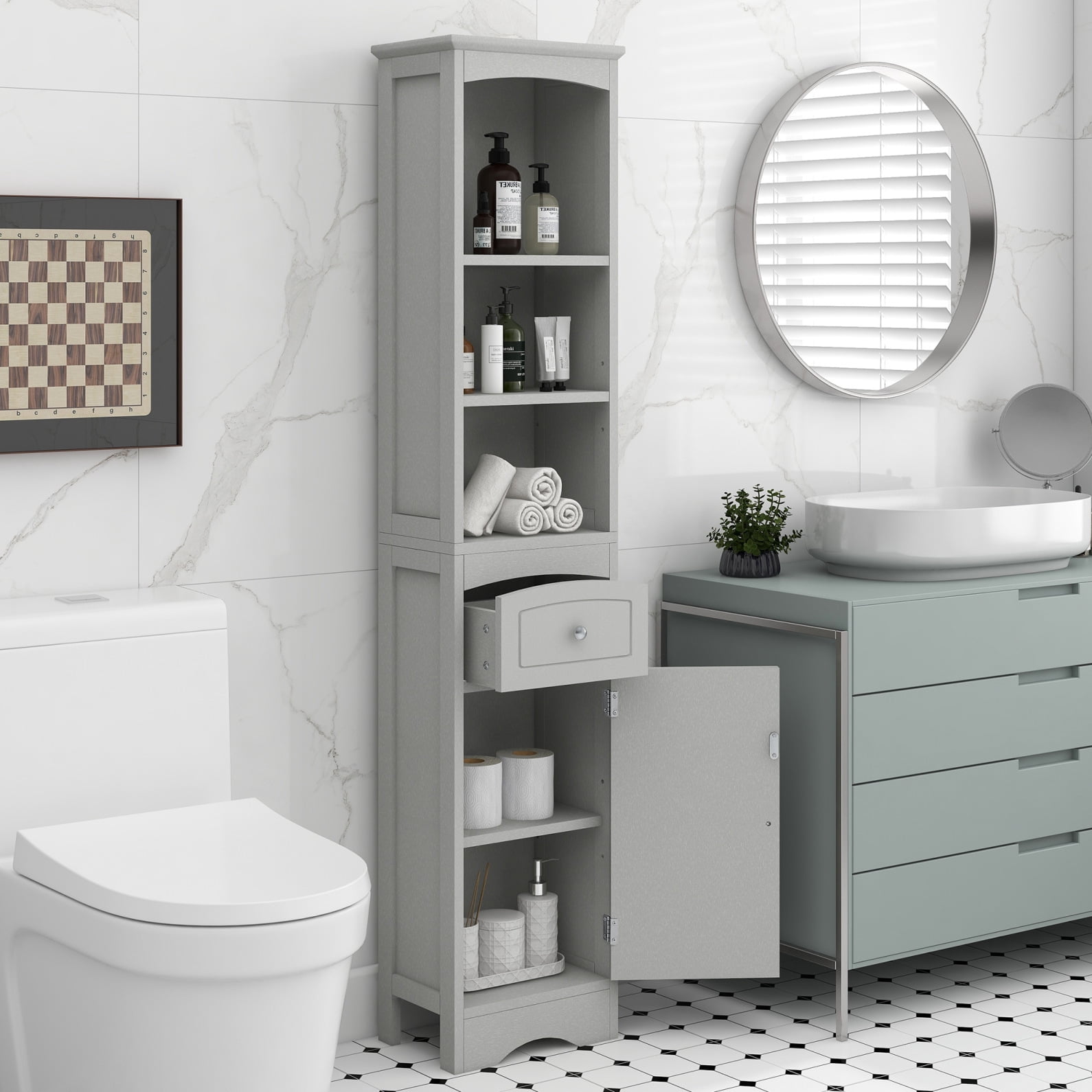 Bathroom Cabinet with 2 Adjustable Shelves and 3 Open Shelves,66.9 Inches Freestanding Storage Cabinet with 1 Drawer, Tall Cabinet,Space Saving Cabinet Organizer,Home Storage Furniture,Grey