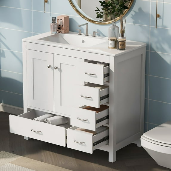 Bathroom Cabinet, 36 Inch Bathroom Vanity With Ceramic Sink, 5 Drawers, Solid Wood Frame, Cabinet Door Organizer, Modern Freestanding Bathroom Cabinet