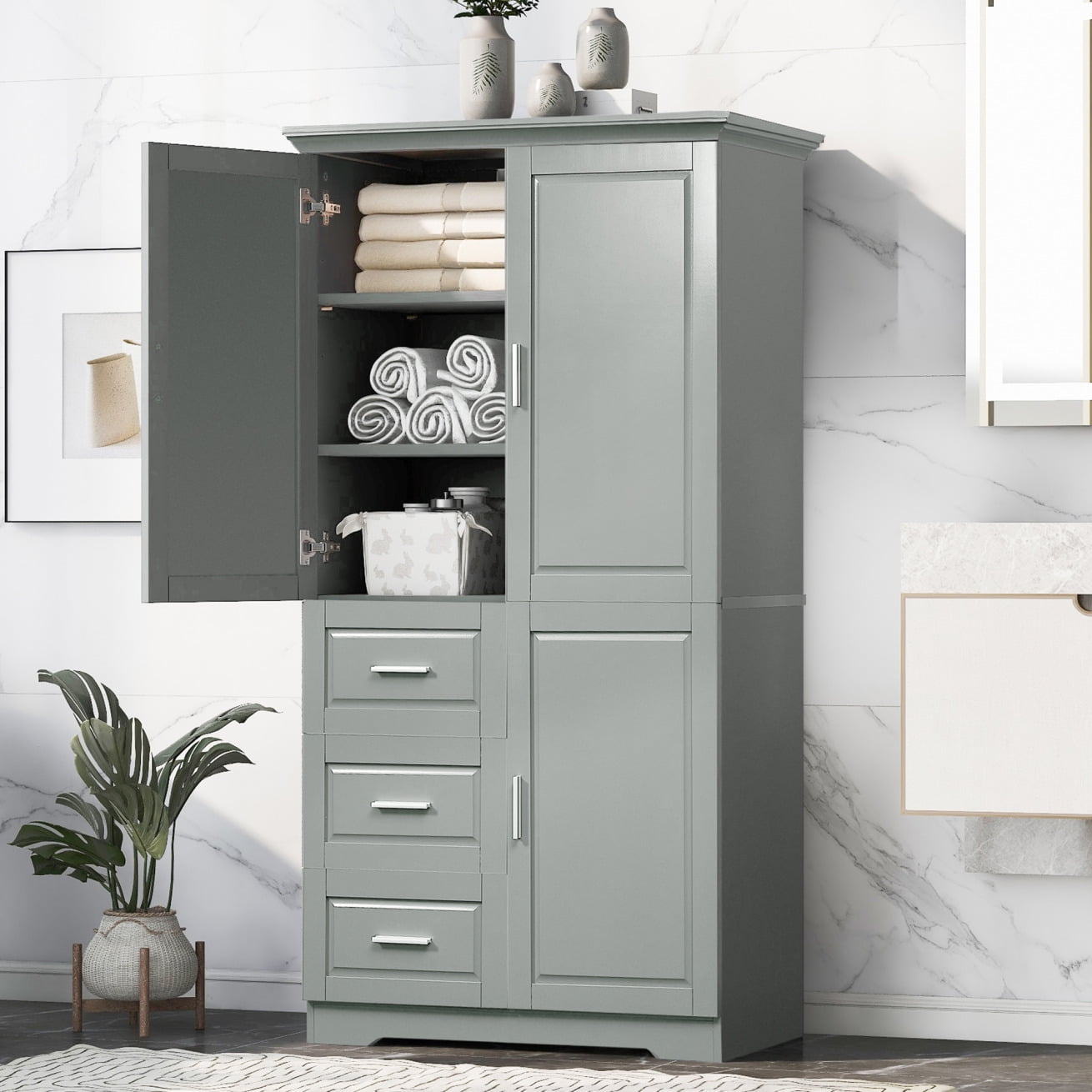 Bathroom Cabinet, 62.2" Tall Storage Cabinet with Doors and Shelves ...