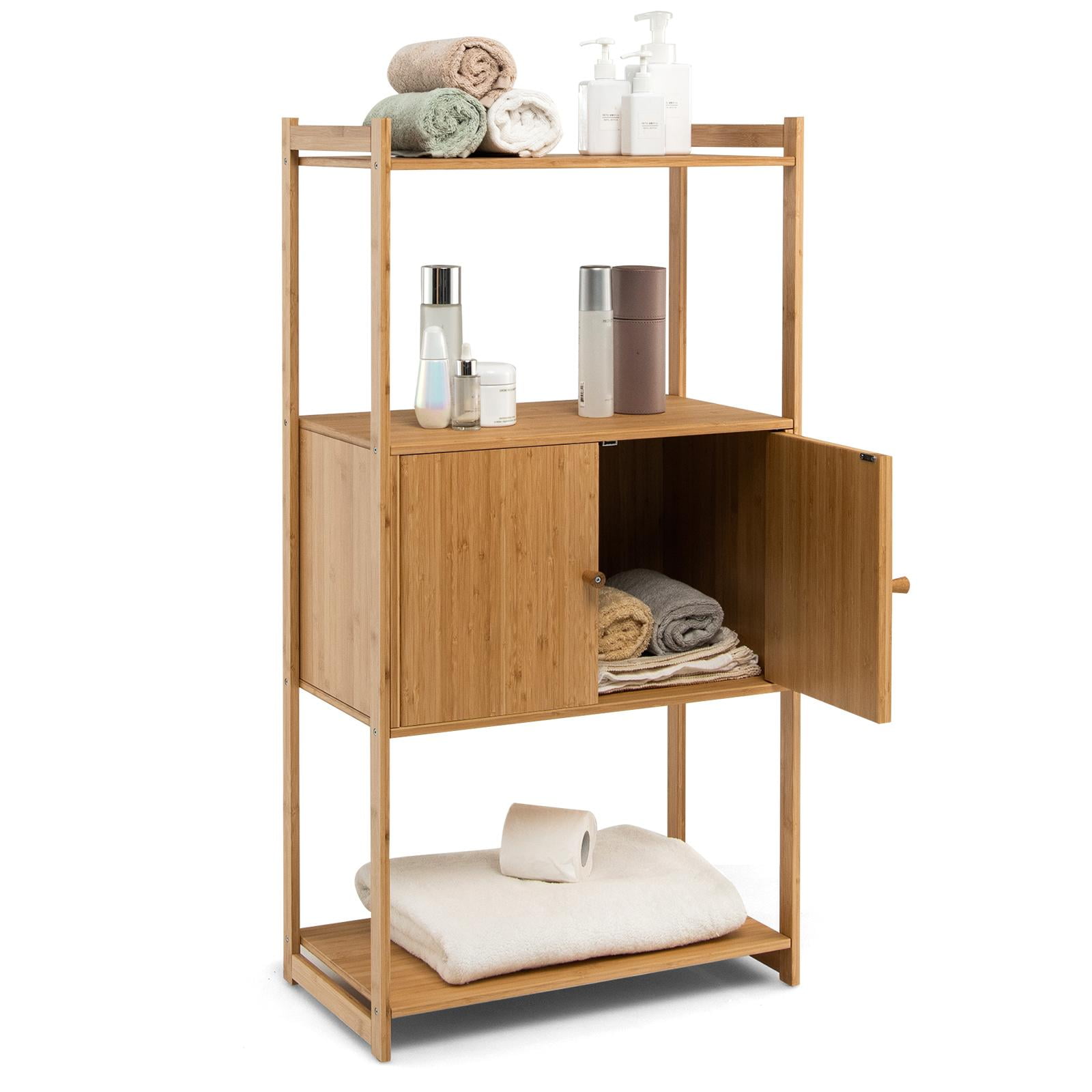Bathroom Cabinet, Bamboo 4 Tier Floor Storage Cabinet w/Enclosed ...
