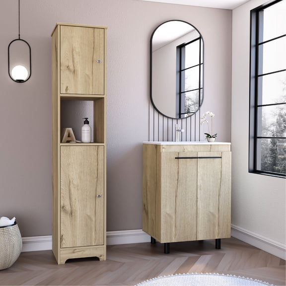 Bathroom Cabinet Combo | Smooth Assembly with Interlocking System | Light Oak Particle Board | Solves Assembly Stability Issues