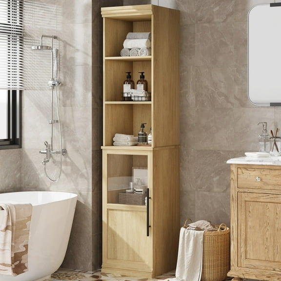 Bathroom Cabinet,Freestanding Bathroom Storage Cabinets with Glass Door and Open Shelves, 70" Narrow Storage Cabinet Freestanding Storage Cabinet for Bathroom,Living Room,Kitchen