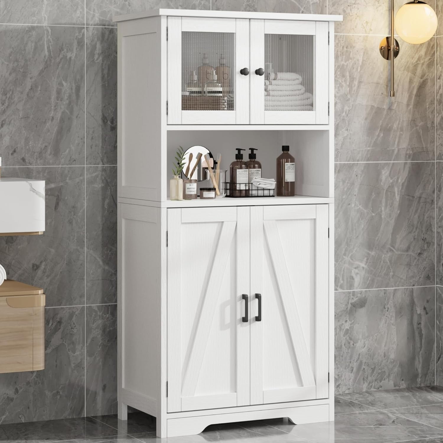 Bathroom Freestanding Floor Storage with Glass Doors