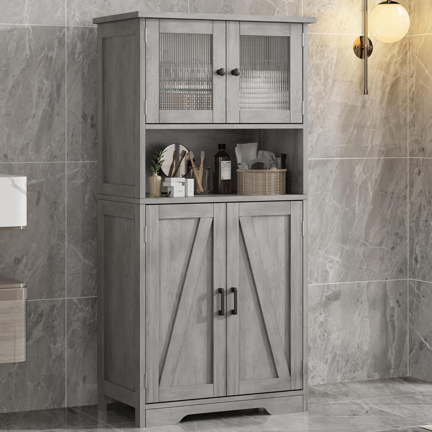 Bathroom Cabinet, Freestanding Floor Storage Cabinet with Glass Doors, Grey Bathroom Cabinet ...