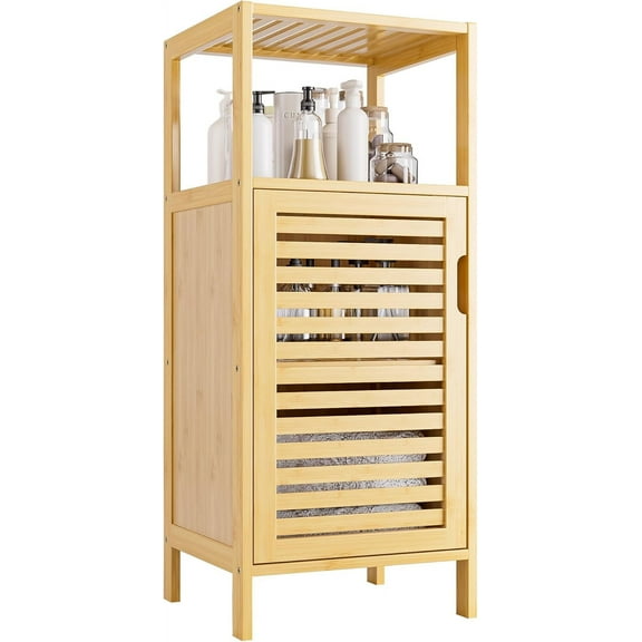 Bathroom Cabinet Freestanding, Small Bamboo Floor Cabinet, 4 Tier Single Door Sofa Side Table Storage Organizer, Space Saving Kitchen Cupboard, Natural