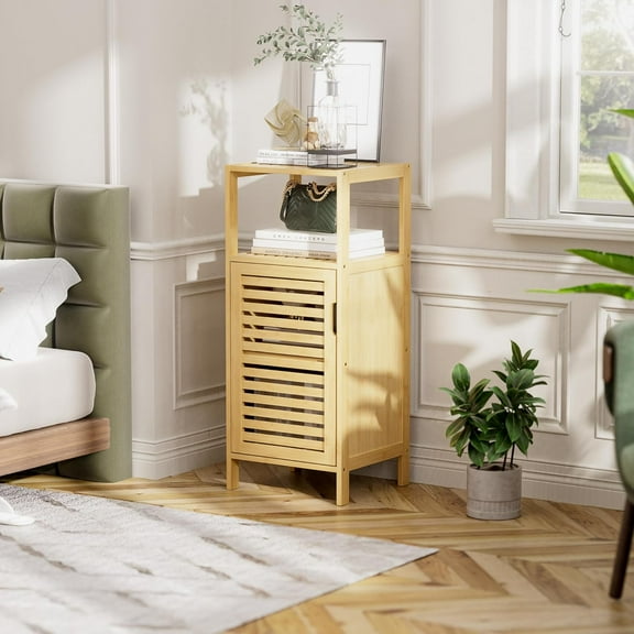 Bathroom Cabinet Freestanding, Small Bamboo Floor Cabinet, 4 Tier Single Door Sofa Side Table Storage Organizer, Space Saving Kitchen Cupboard, Natural