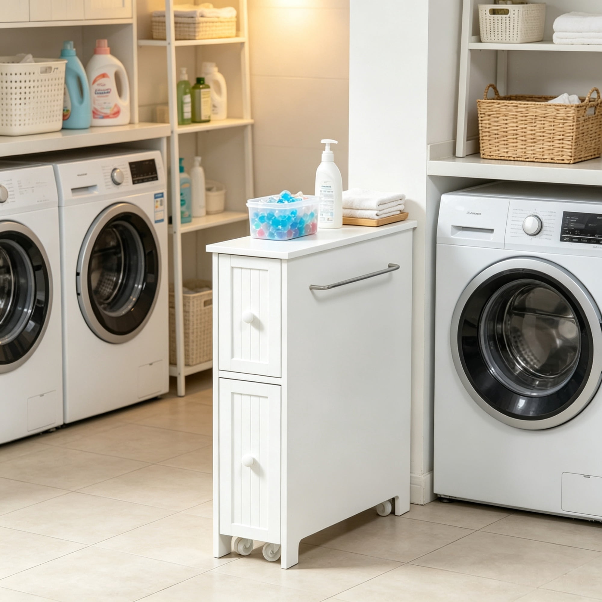 Bathroom Cabinet Freestanding Storage with Toilet Paper Holder 2 Drawers Side Towel Rack Wheels, White 7x20.5x24.75 Inches