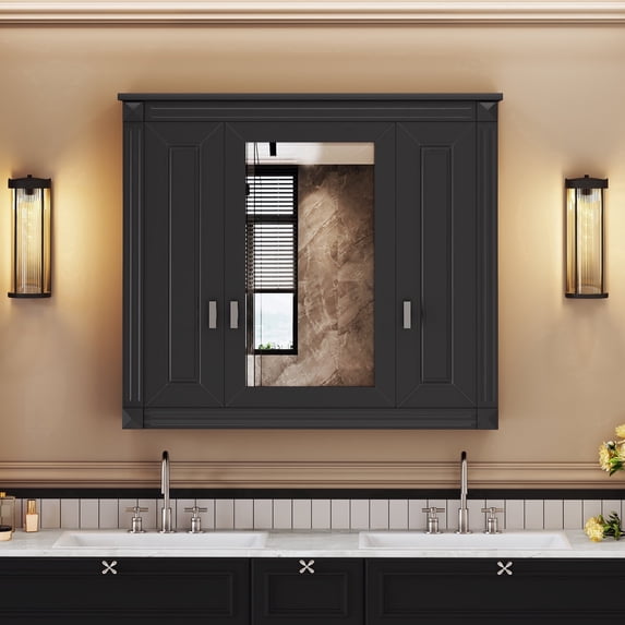 35" Mirror Storage Cabinet, Modern Wall Mounted Medicine Cabinet with 3 Doors and Adjustable Shelves, Wood Bathroom Storage Organizer for Living Room