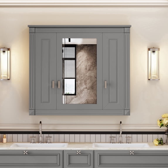 35" Mirror Storage Cabinet, Modern Wall Mounted Medicine Cabinet with 3 Doors and Adjustable Shelves, Wood Bathroom Storage Organizer for Living Room