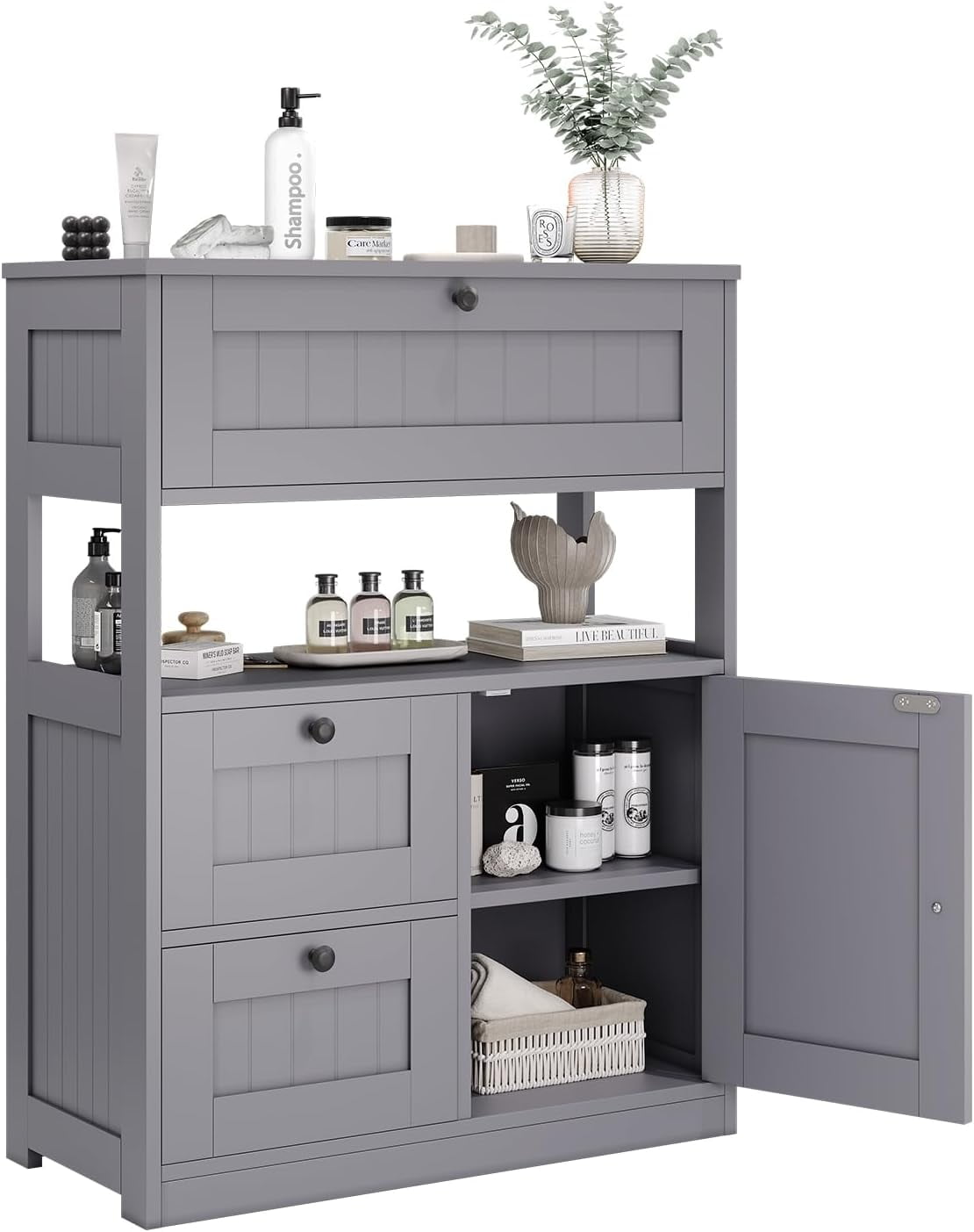 Bathroom Cabinet, Modern Bathroom Floor Storage Cabinet Organizer with 1 Door and 3 Drawers, Freestanding Cupboard for Kitchen/Living Room Use