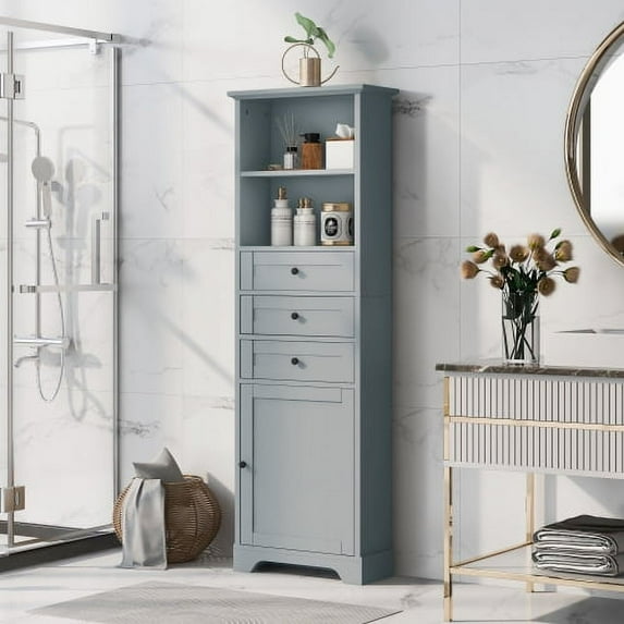 Bathroom Cabinet, Storage Cabinet with 3 Drawers and Doors, Floor Freestanding Cabinet with Adjustable Shelves, Narrow Tall Cabinet Storage Organizer for Bathroom, Living Room, Bedroom, Gray