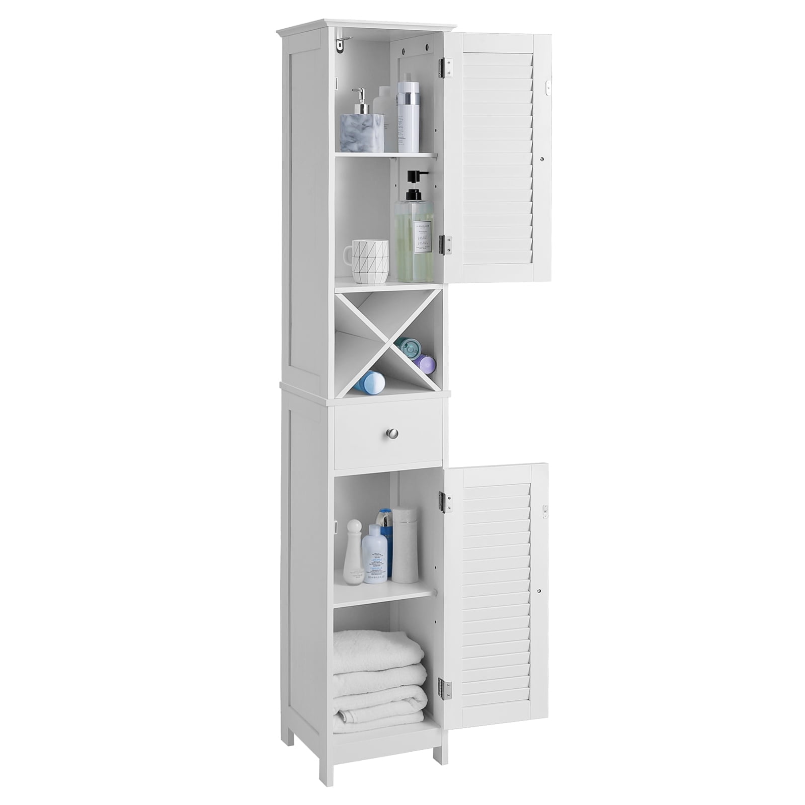 White Tall Bathroom Cabinet with Adjustable Shelving and Shutter Doors