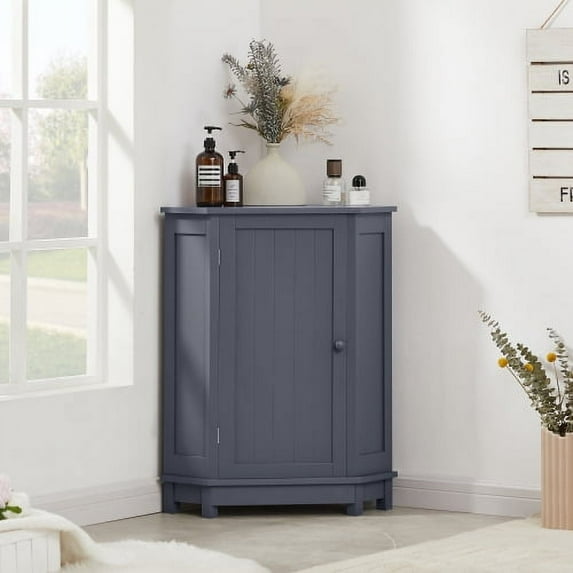 Bathroom Cabinet Triangle Corner Storage Cabinet with Adjustable Shelf Modern Style MDF Board (Gray)