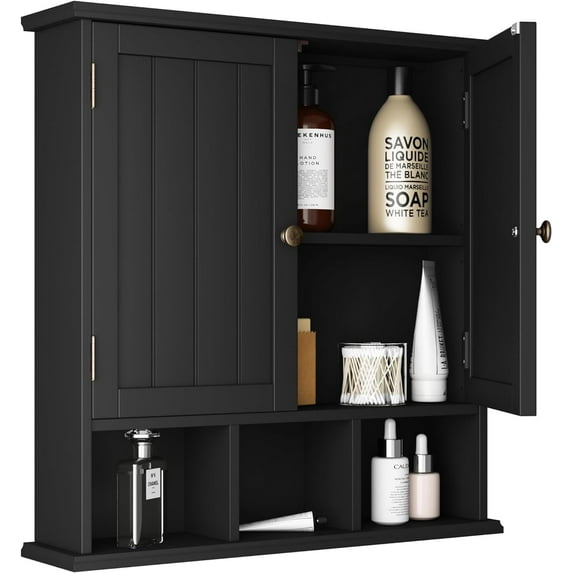Bathroom Cabinet Wall Mounted 2-Door with 3 Open Shelves, Wooden Medicine Cabinets with Adjustable Shelf,Space Saver Storage Cabinets Over The Toilet for Bathroom&Living Room,Black