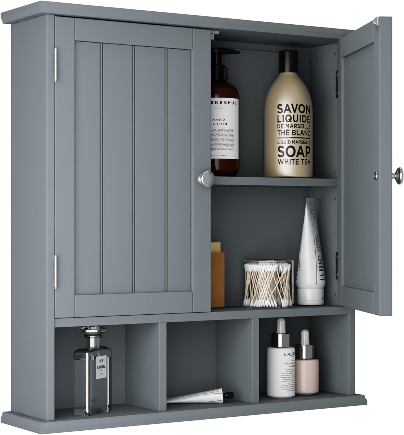 Bathroom Cabinet Wall Mounted 2-Door with 3 Open Shelves, Wooden ...