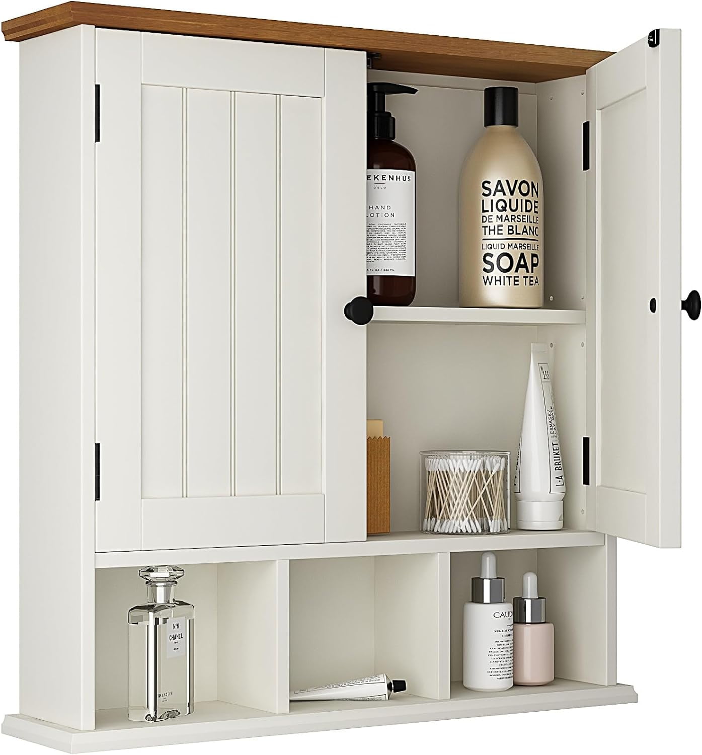 Bathroom Wall Mounted 2Door with 3 Open Shelves， Wooden