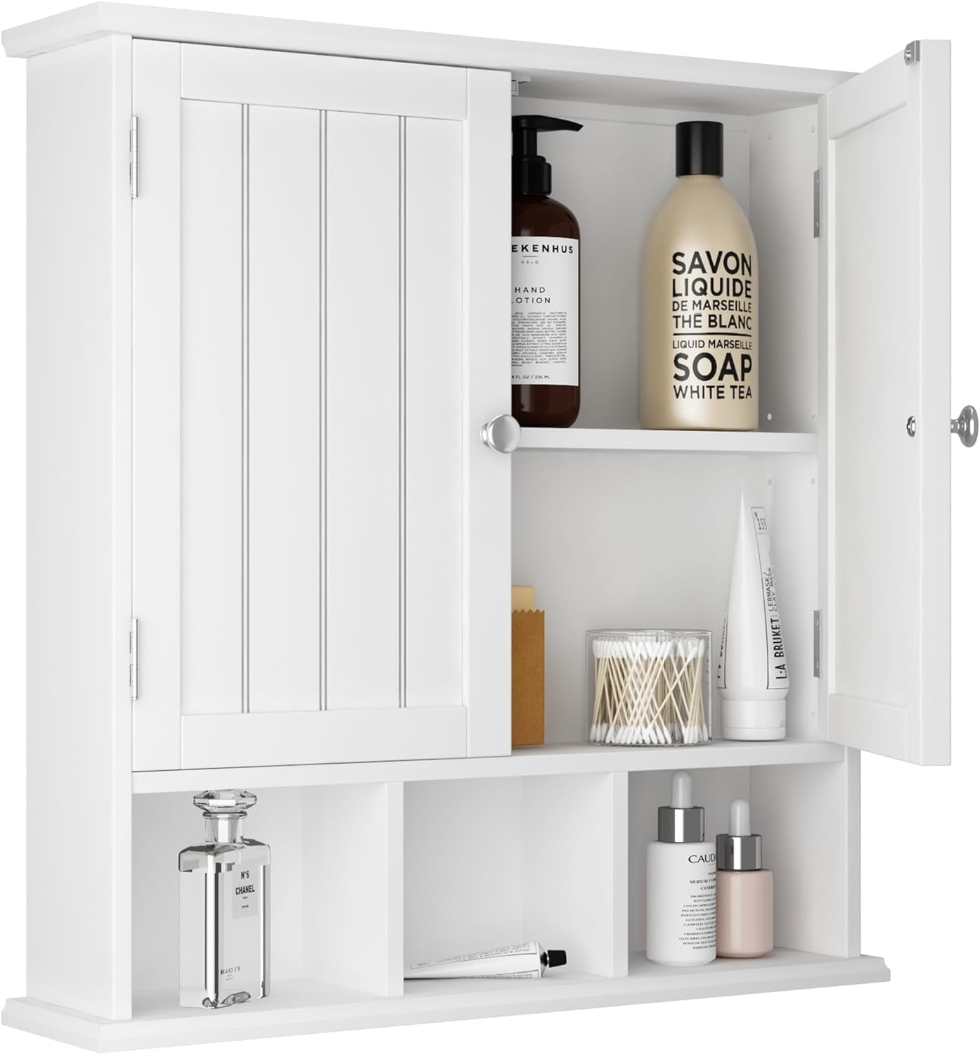 Bathroom Cabinet Wall Mounted 2-Door with 3 Open Shelves, Wooden Medicine Cabinets with ...